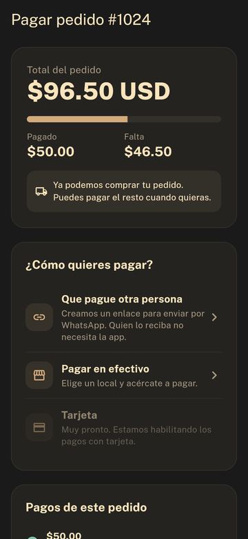 Pantalla de pago con las formas de pagar